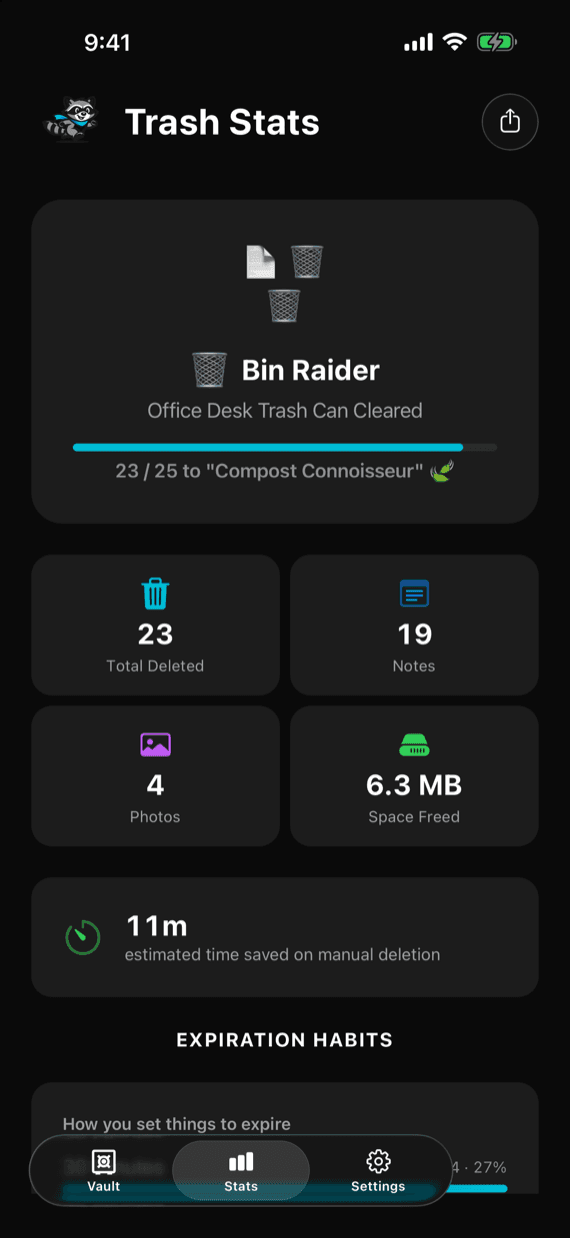 The Trash Stats tab, showing an achievement tier and deletion totals